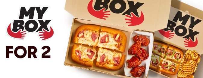 Get 2 completely custom combo meals for one great price. Each box comes with an individual 3-topping pizza, and choice of side. Choose from 5 Boneless Bites or fries.