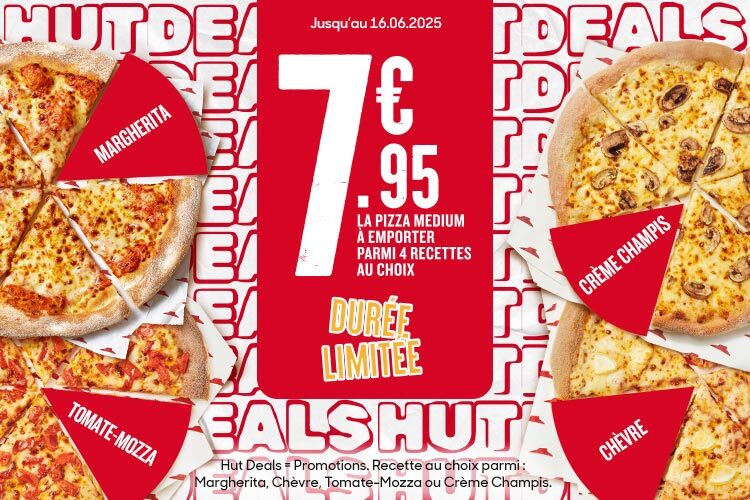 7.95€ seulement la pizza Medium, pâte Pan ou Fine, parmi 4 recettes au choix. Durée Limitée !